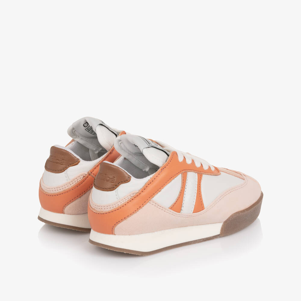 Chloé-Girls White Leather & Pink Suede Kick Trainers | Childrensalon