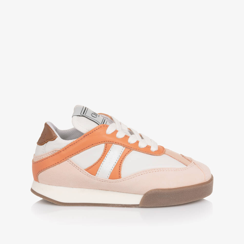 Chloé-Girls White Leather & Pink Suede Lace-Up Trainers | Childrensalon