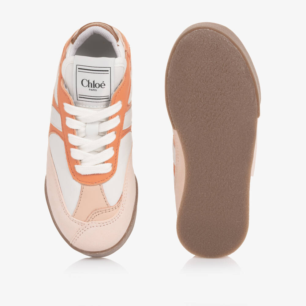 Chloé-Girls White Leather & Pink Suede Lace-Up Trainers | Childrensalon