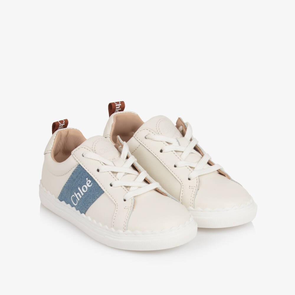 Chloé-Girls White Leather Trainers with Denim Trims | Childrensalon