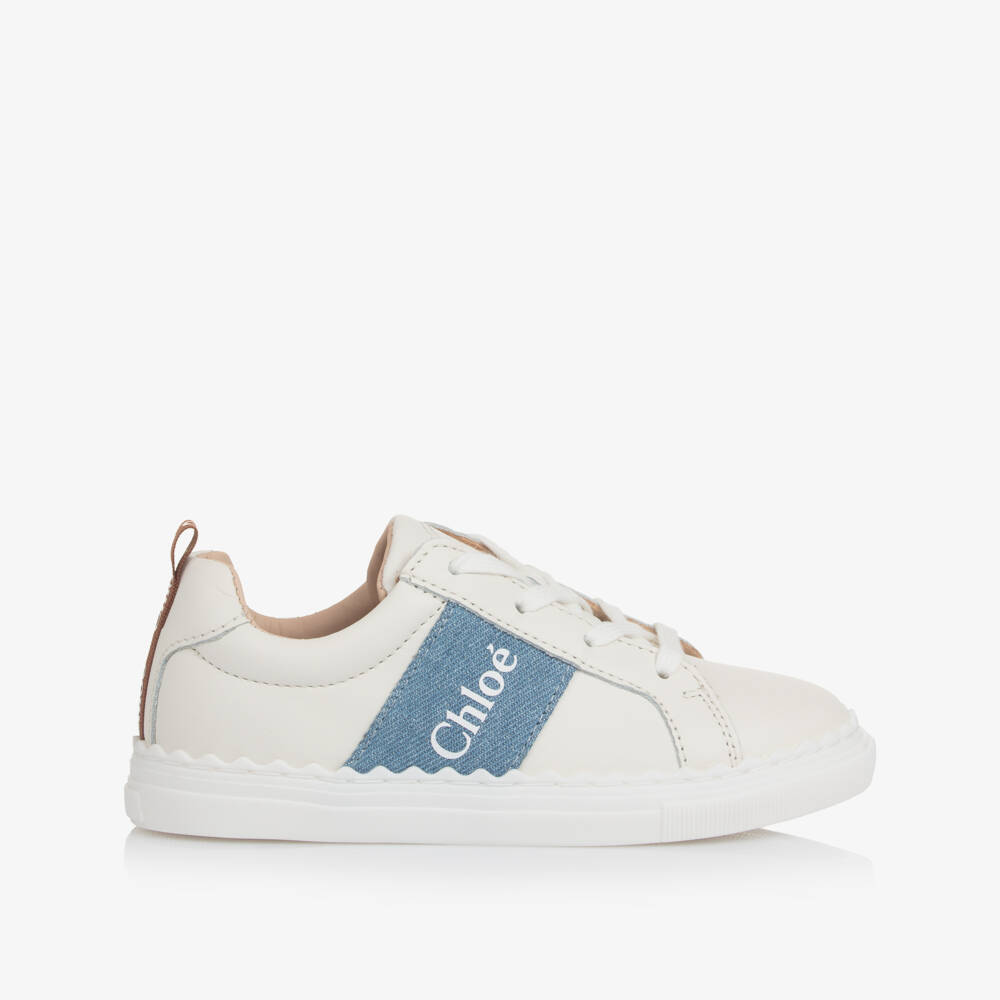 Chloé-Girls White Leather Trainers with Denim Trims | Childrensalon