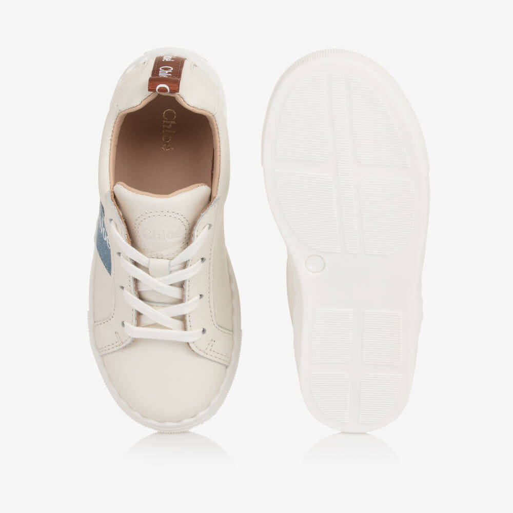 Chloé-Girls White Leather Trainers with Denim Trims | Childrensalon