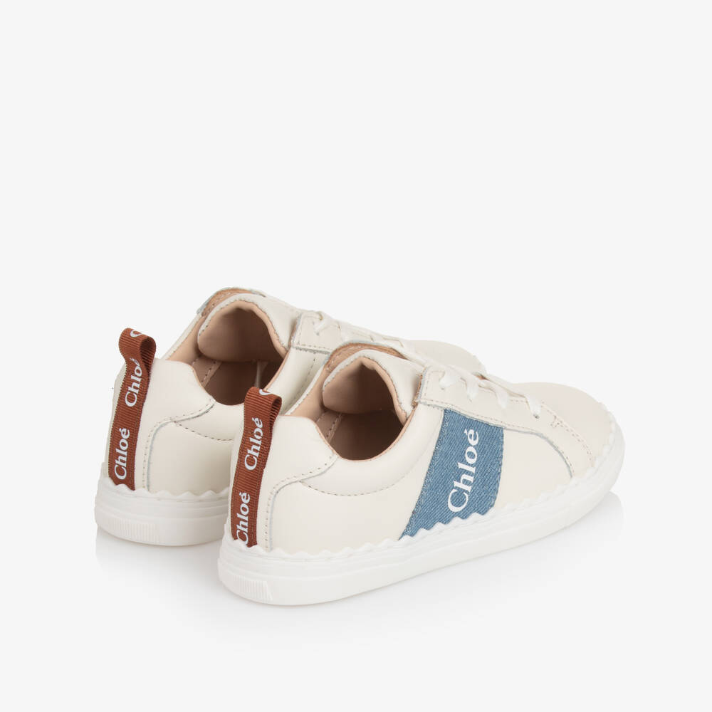 Chloé-Girls White Leather Trainers with Denim Trims | Childrensalon