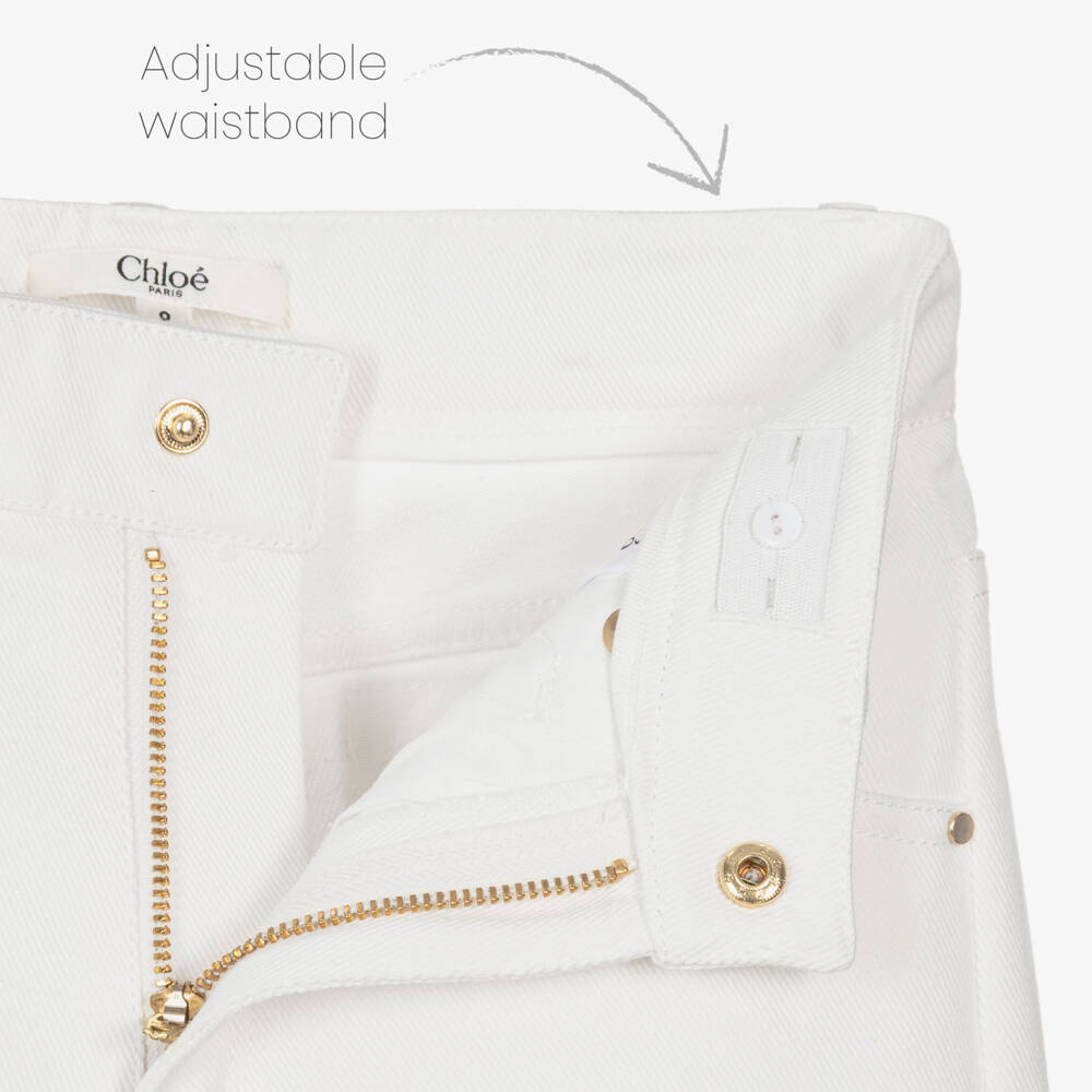 Chloé-Girls White Openwork Embroidery Denim Jeans | Childrensalon