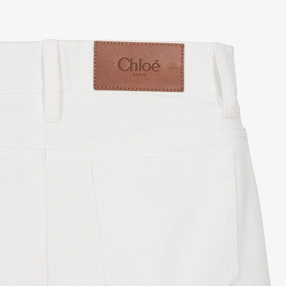Chloé-Girls White Openwork Embroidery Denim Jeans | Childrensalon