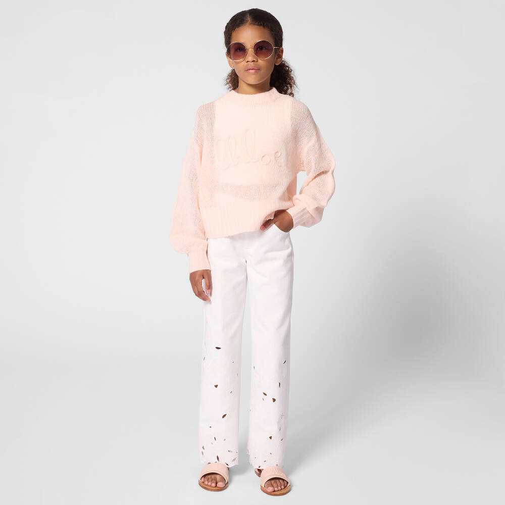 Chloé-Girls White Openwork Embroidery Denim Jeans | Childrensalon