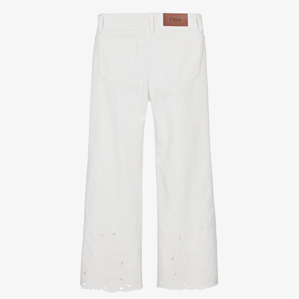 Chloé-Girls White Openwork Embroidery Denim Jeans | Childrensalon