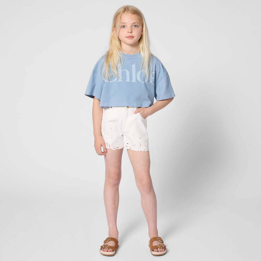 Chloé-Girls White Openwork Emrboidery Denim Shorts | Childrensalon