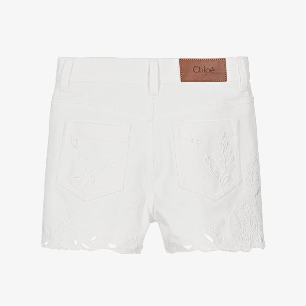 Chloé-Girls White Openwork Emrboidery Denim Shorts | Childrensalon