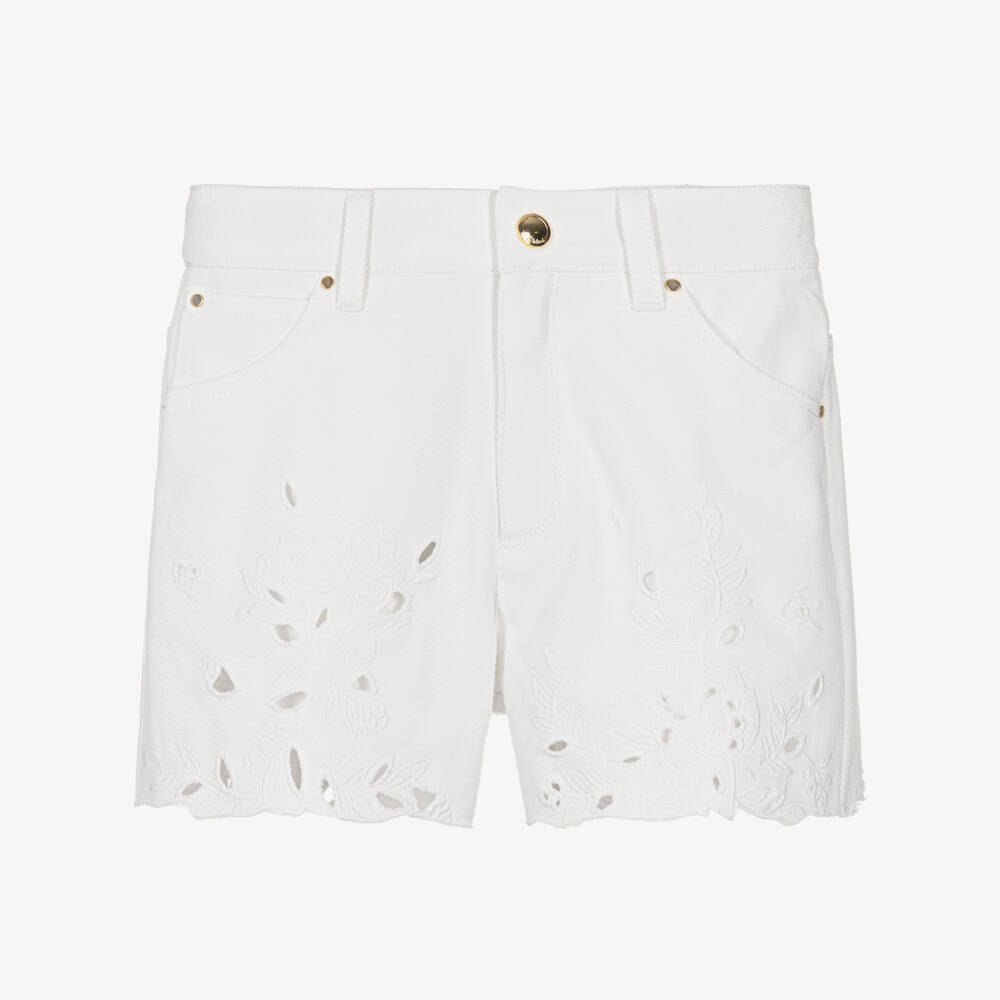 Chloé-Girls White Openwork Emrboidery Denim Shorts | Childrensalon