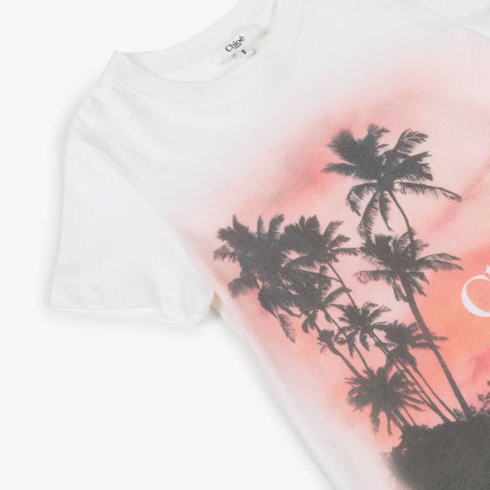 Chloé-Girls White & Pink Cotton Palm Tree Logo T-Shirt | Childrensalon