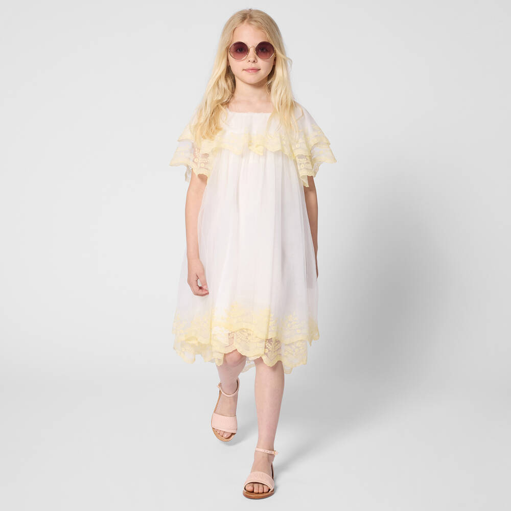 Chloé-Платье белое с жёлтой вышивкой из тюля для девочек | Childrensalon