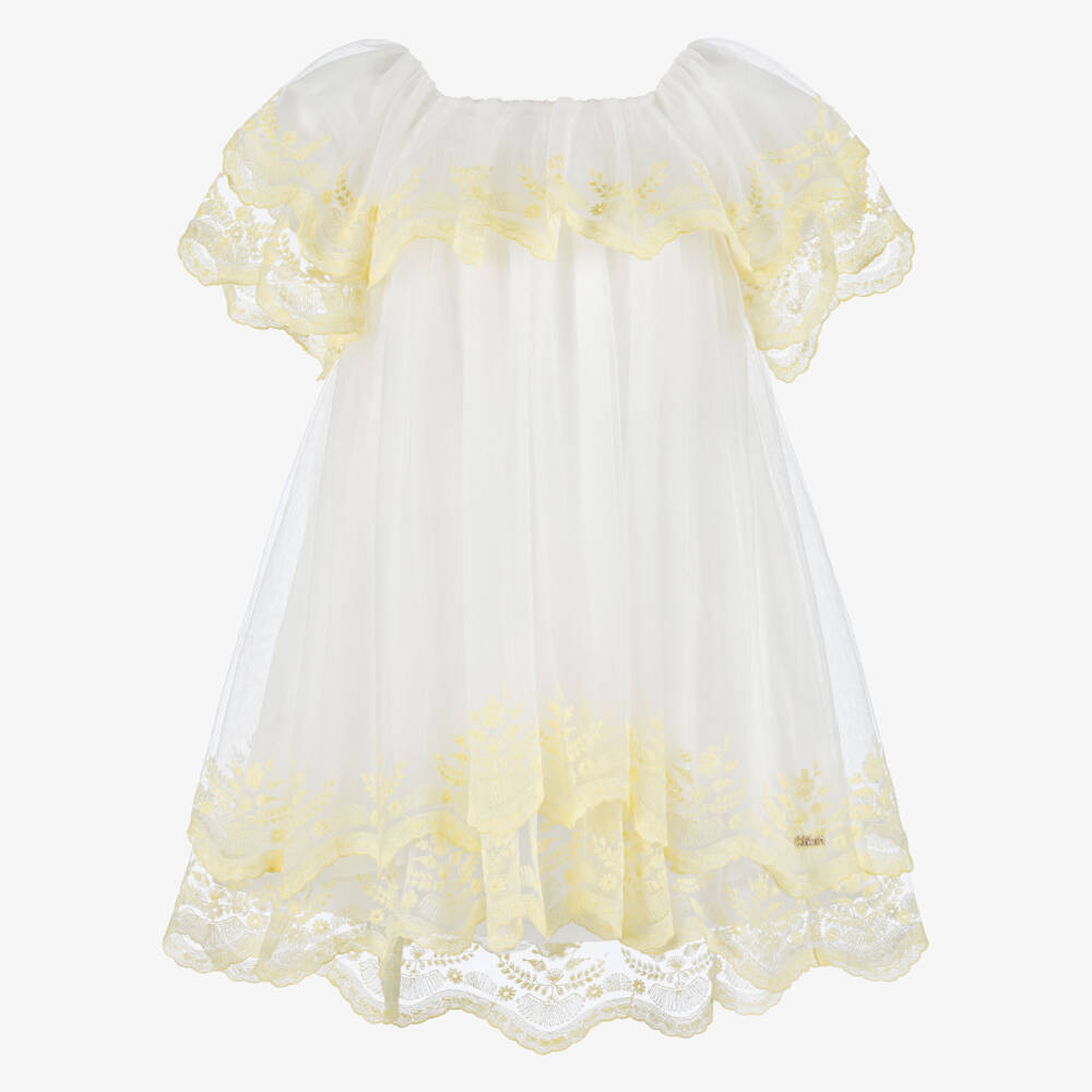 Chloé-Girls White Tulle Dress with Yellow Embroidered Trim | Childrensalon