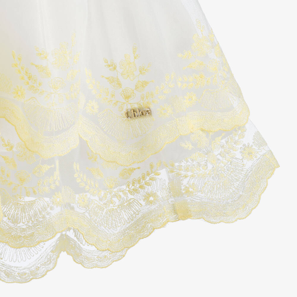 Chloé-Платье белое с жёлтой вышивкой из тюля для девочек | Childrensalon