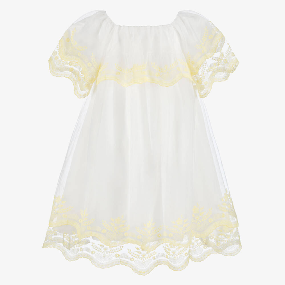Chloé-Платье белое с жёлтой вышивкой из тюля для девочек | Childrensalon