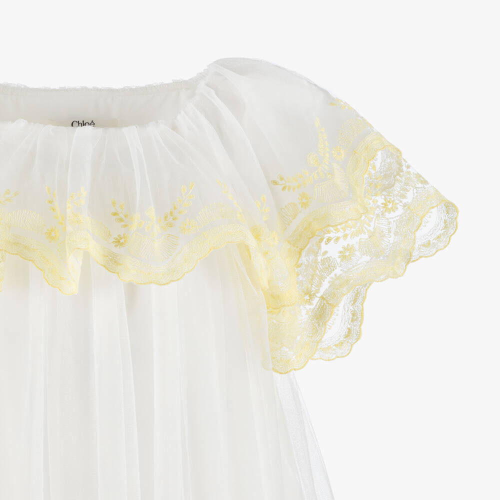 Chloé-Платье белое с жёлтой вышивкой из тюля для девочек | Childrensalon