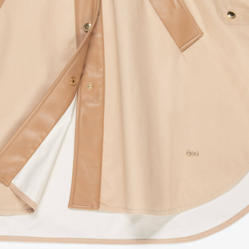 Chloé-Girs Beige Cotton Canvas Cape with Faux Leather Trims | Childrensalon