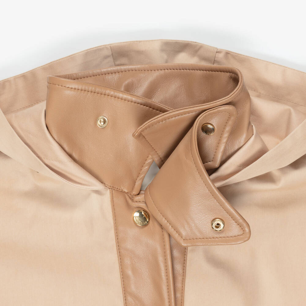 Chloé-Girs Beige Cotton Canvas Cape with Faux Leather Trims | Childrensalon