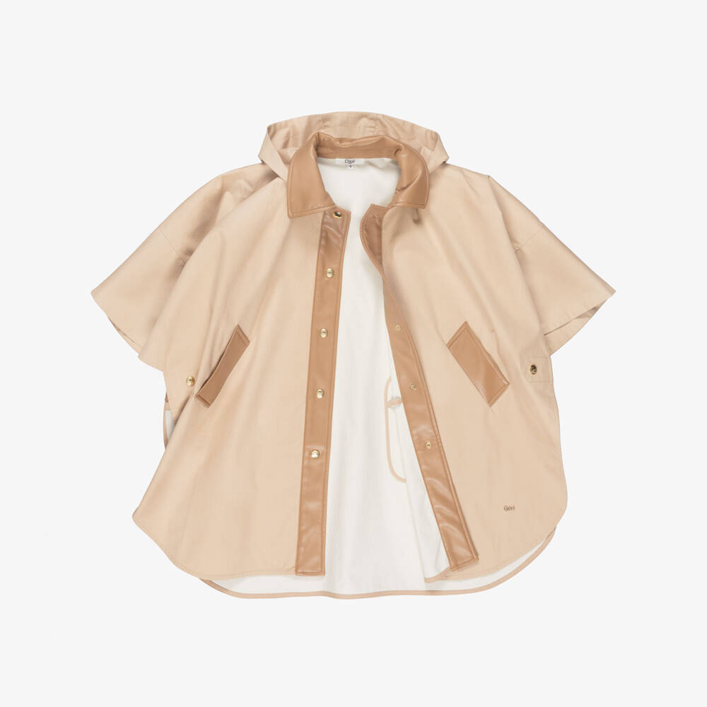 Chloé-Girs Beige Cotton Canvas Cape with Faux Leather Trims | Childrensalon