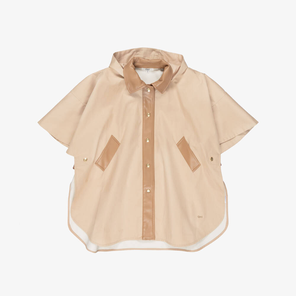 Chloé-Girs Beige Cotton Canvas Cape with Faux Leather Trims | Childrensalon