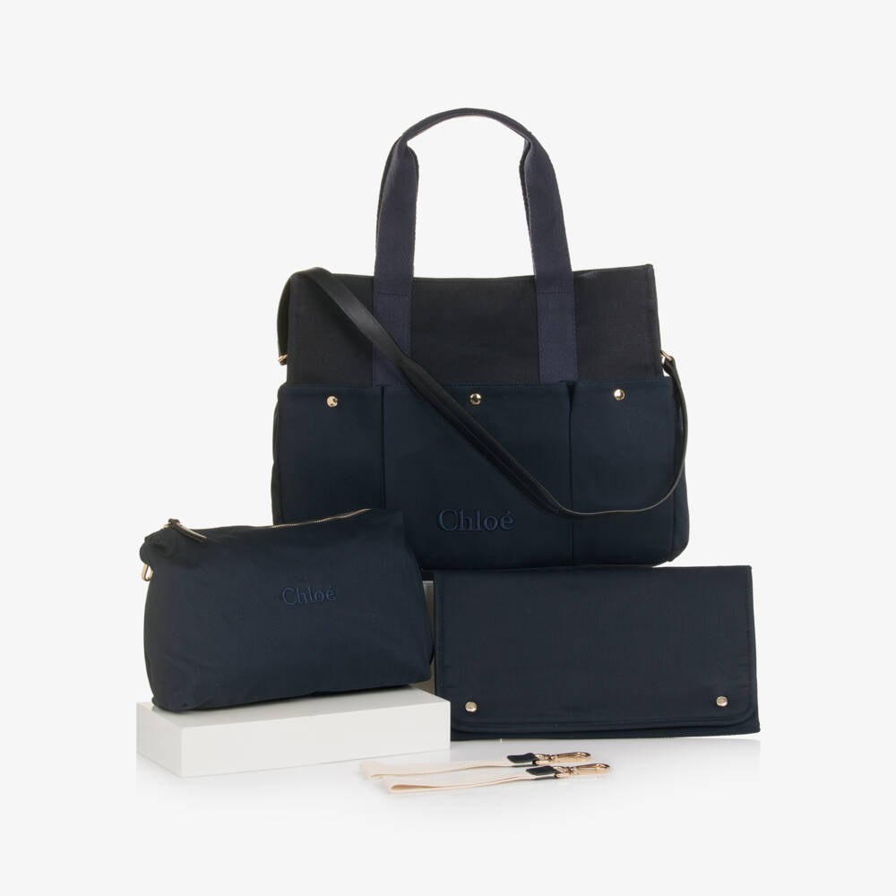 Chloé-Navy Blue Canvas Changing Bag with Pouch & Mat (41cm) | Childrensalon