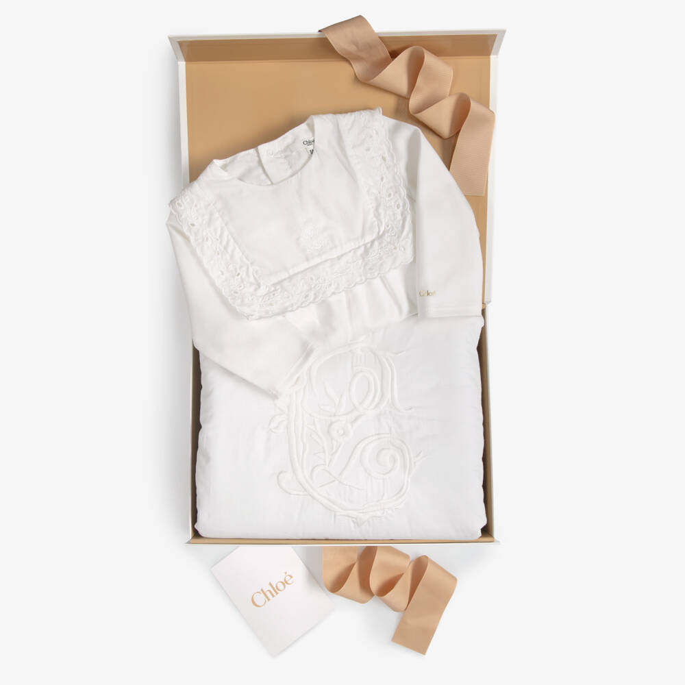 Chloé-White Embroidered Babygrow & Blanket Gift Set | Childrensalon