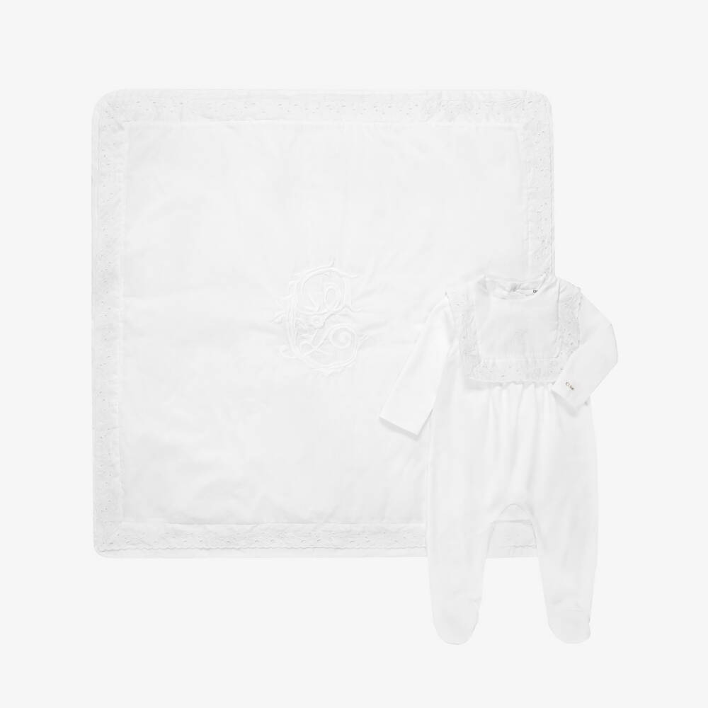 Chloé-White Embroidered Babygrow & Blanket Gift Set | Childrensalon
