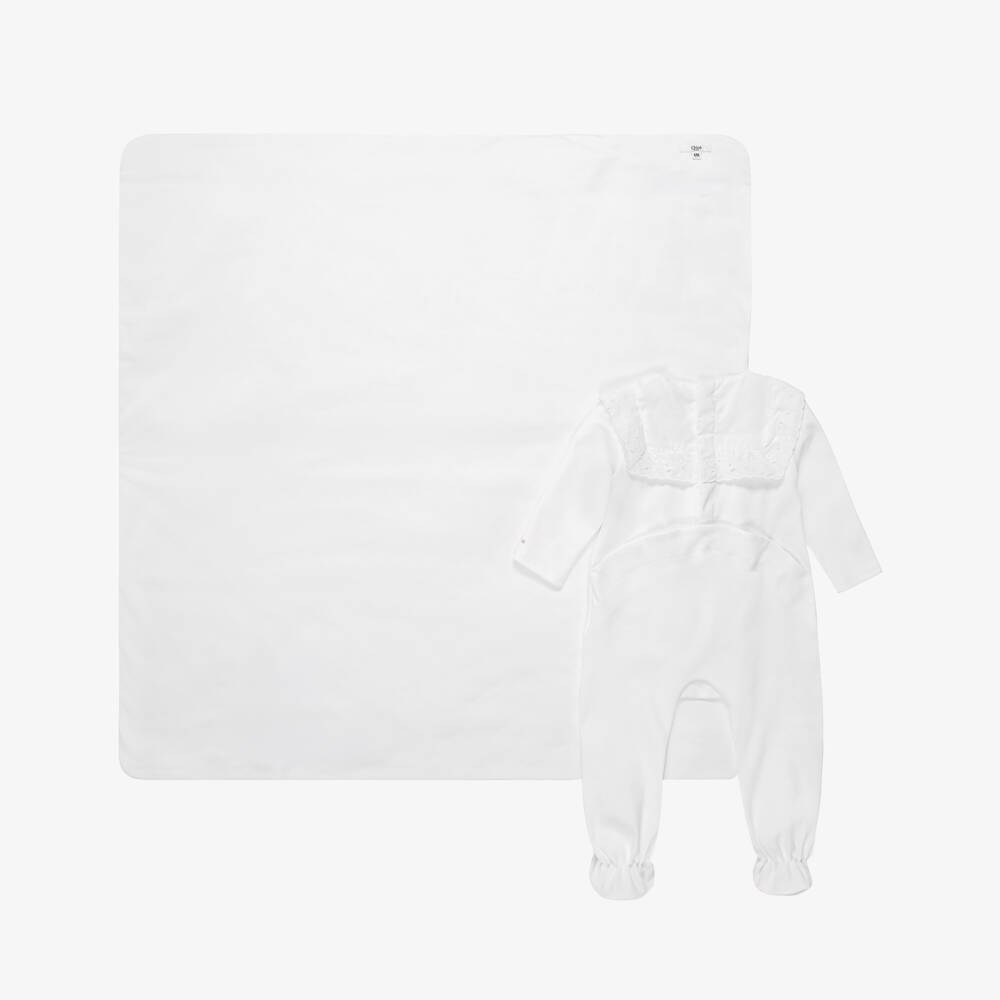 Chloé-White Embroidered Babygrow & Blanket Gift Set | Childrensalon