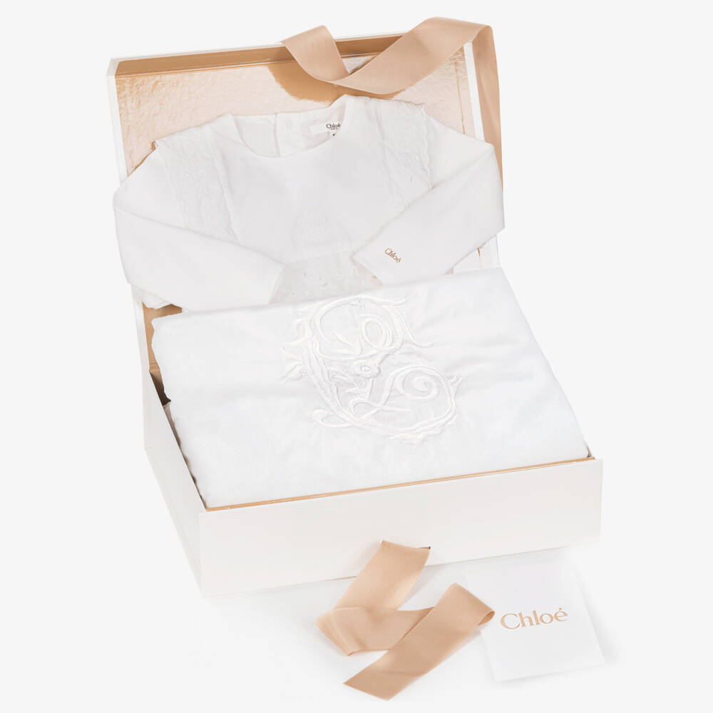 Chloé-White Embroidered Babygrow & Blanket Gift Set | Childrensalon