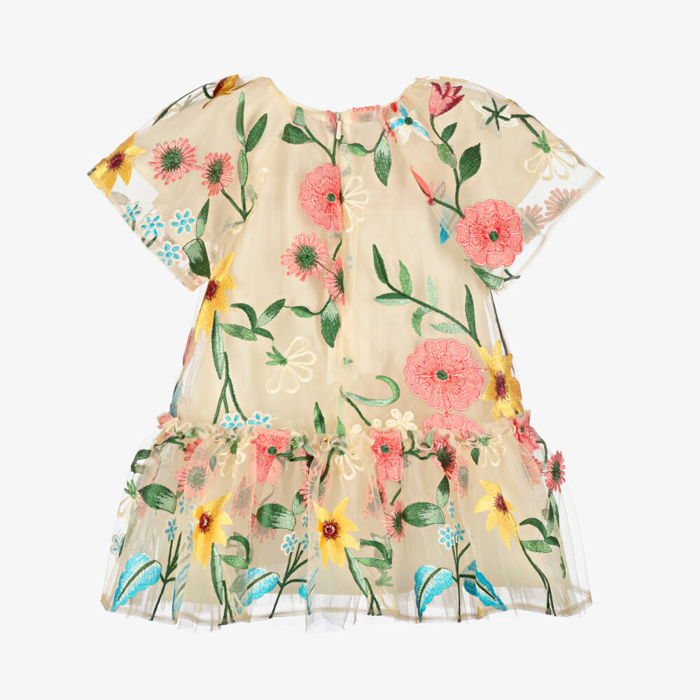 Coeur by Childrensalon-Baby Girls Beige & Pink Floral Tulle Dress | Childrensalon