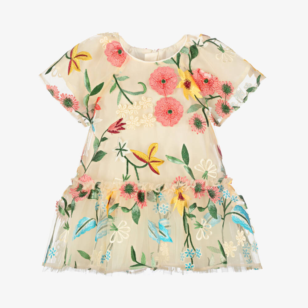 Coeur by Childrensalon-فستان تول مزين بورود لون بيج وزهري للبنات الرضع | Childrensalon