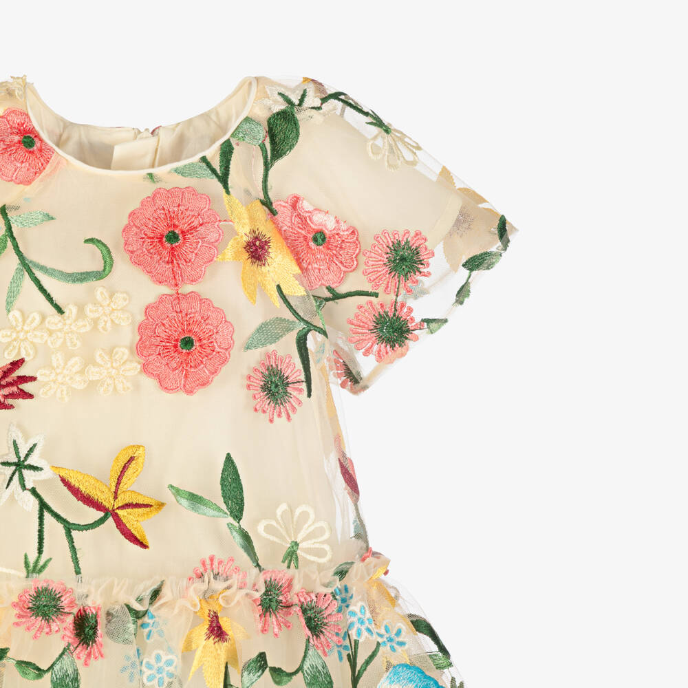 Coeur by Childrensalon-Baby Girls Beige & Pink Floral Tulle Dress | Childrensalon