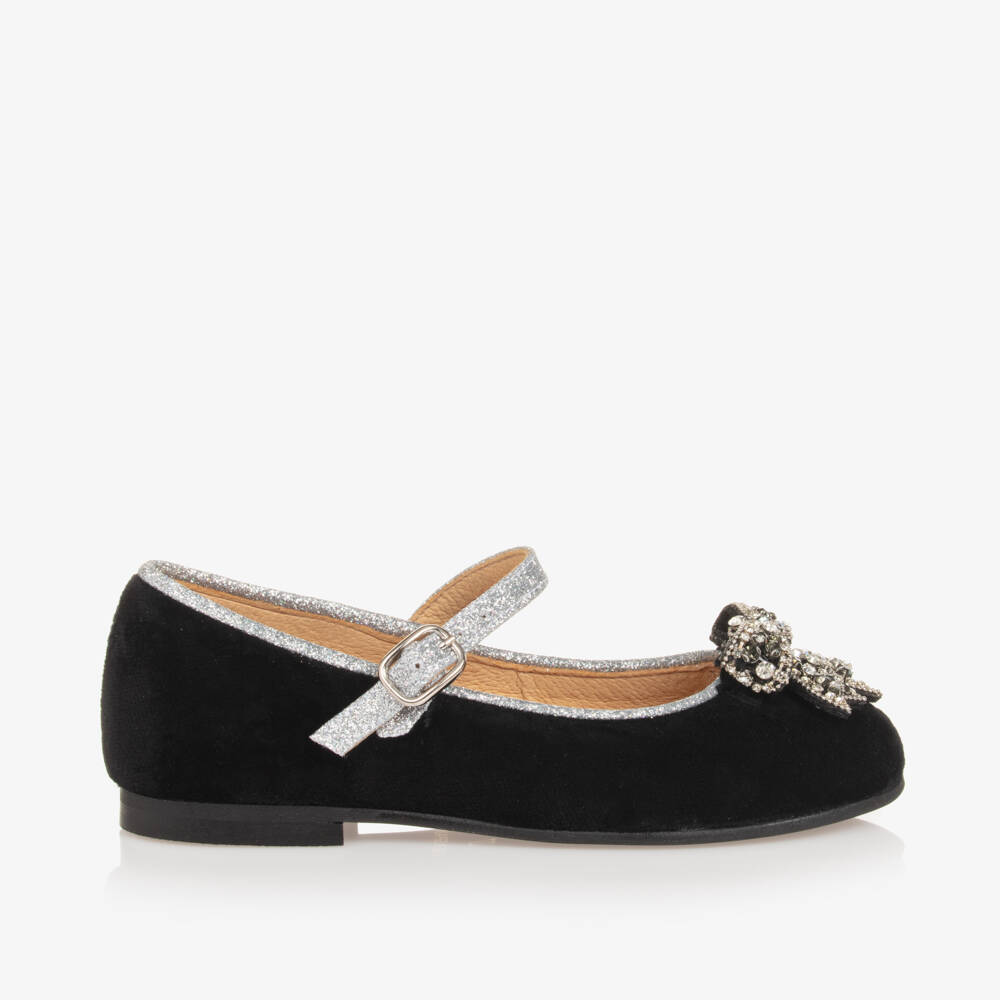 Coeur by Childrensalon-Black Velvet Diamanté Bow Mary Jane Shoes | Childrensalon