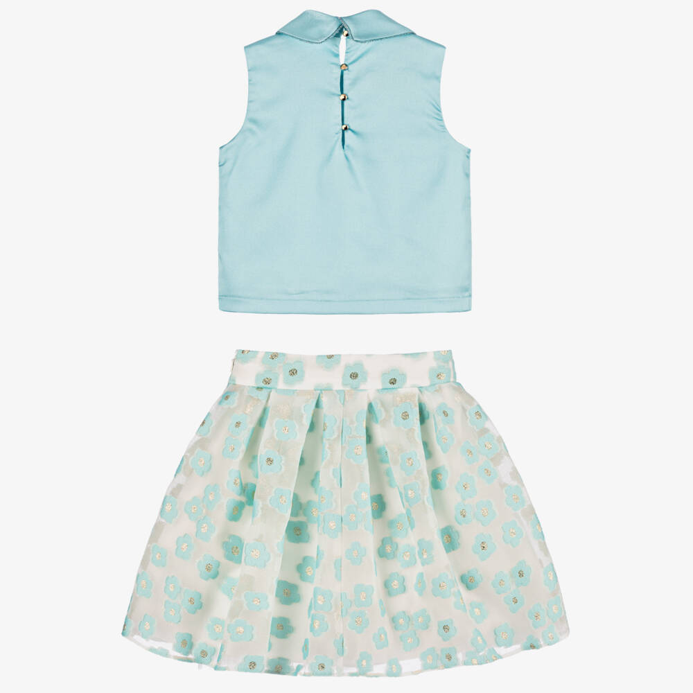 Coeur by Childrensalon-Girls Aqua Blue & White Floral Georgette Skirt Set | Childrensalon