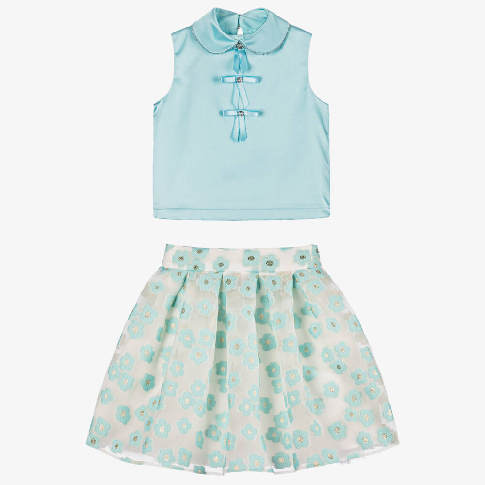 Coeur by Childrensalon-Girls Aqua Blue & White Floral Georgette Skirt Set | Childrensalon