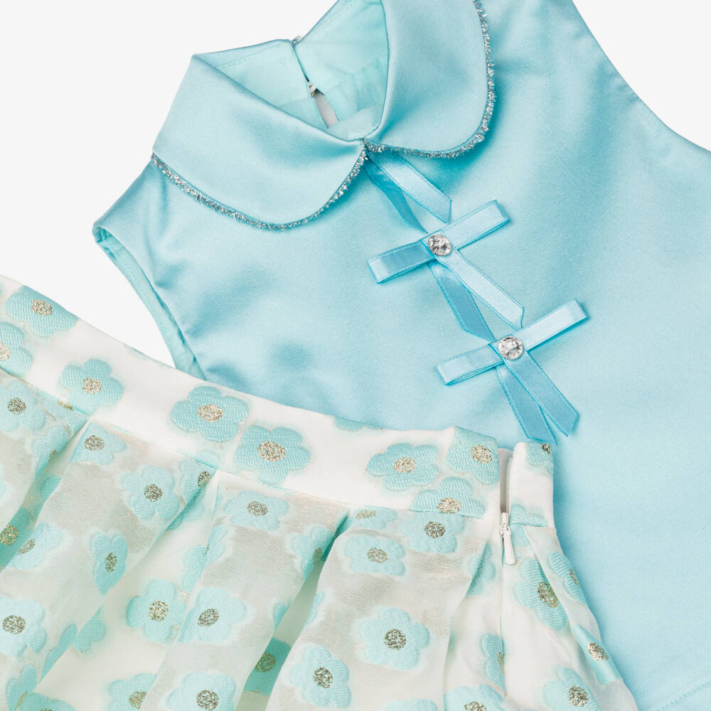 Coeur by Childrensalon-Girls Aqua Blue & White Floral Georgette Skirt Set | Childrensalon