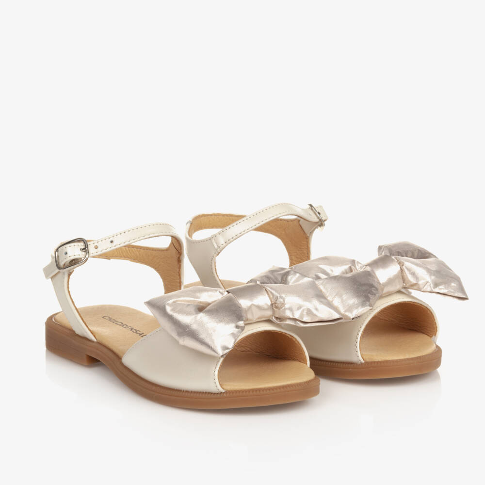 Coeur by Childrensalon-Girls Beige & Gold Satin Bow Sandals | Childrensalon