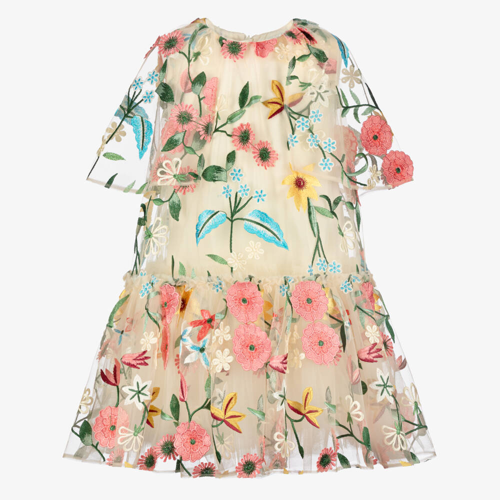 Coeur by Childrensalon-Girls Beige & Pink Floral Tulle Dress | Childrensalon