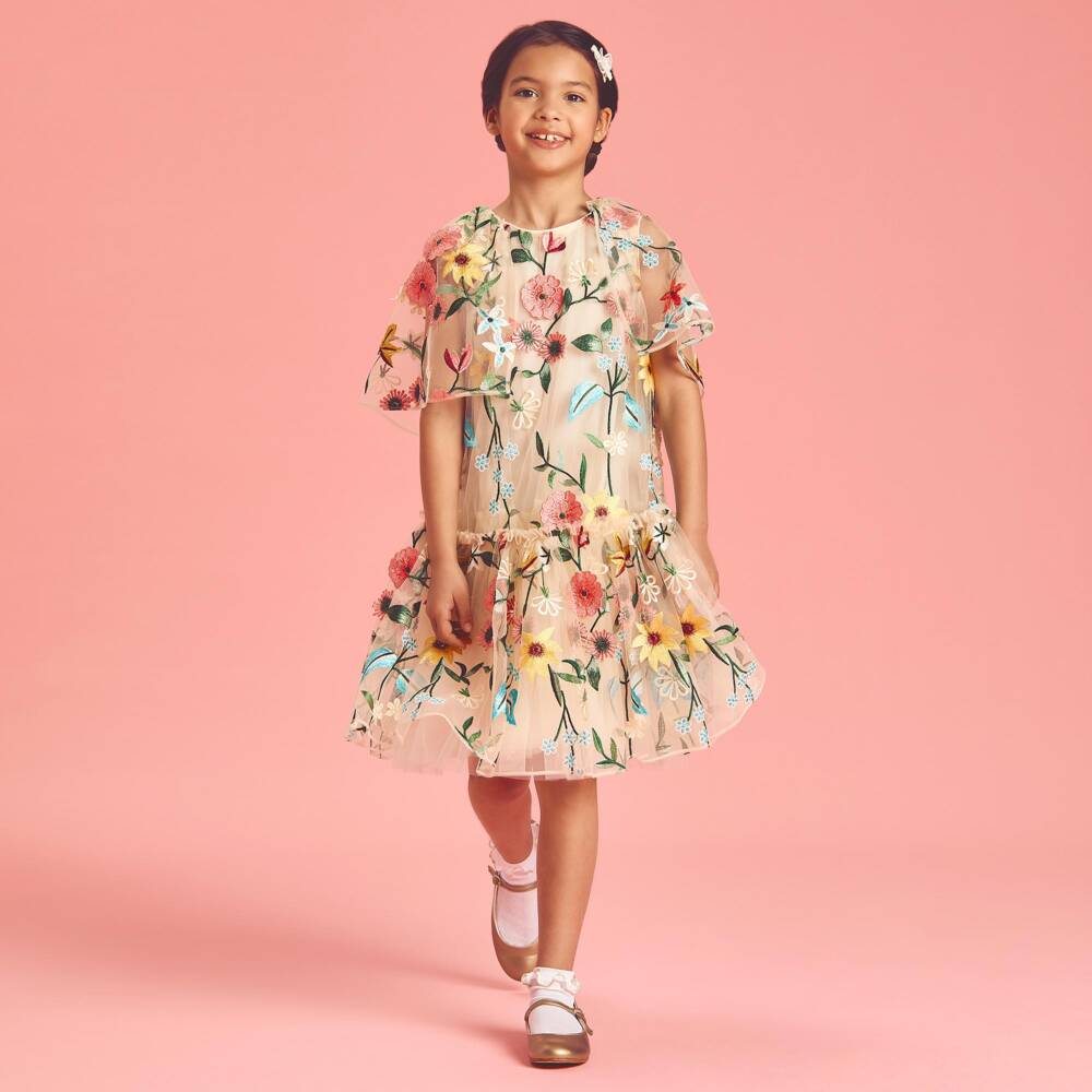 Coeur by Childrensalon-Платье бежево-розовое из тюля с цветами для девочек | Childrensalon