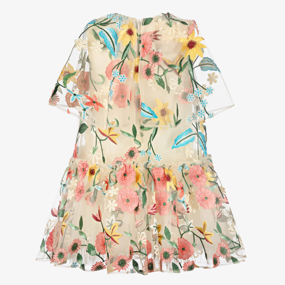 Coeur by Childrensalon-فستان تول مزين بورود لون بيج وزهري للبنات | Childrensalon