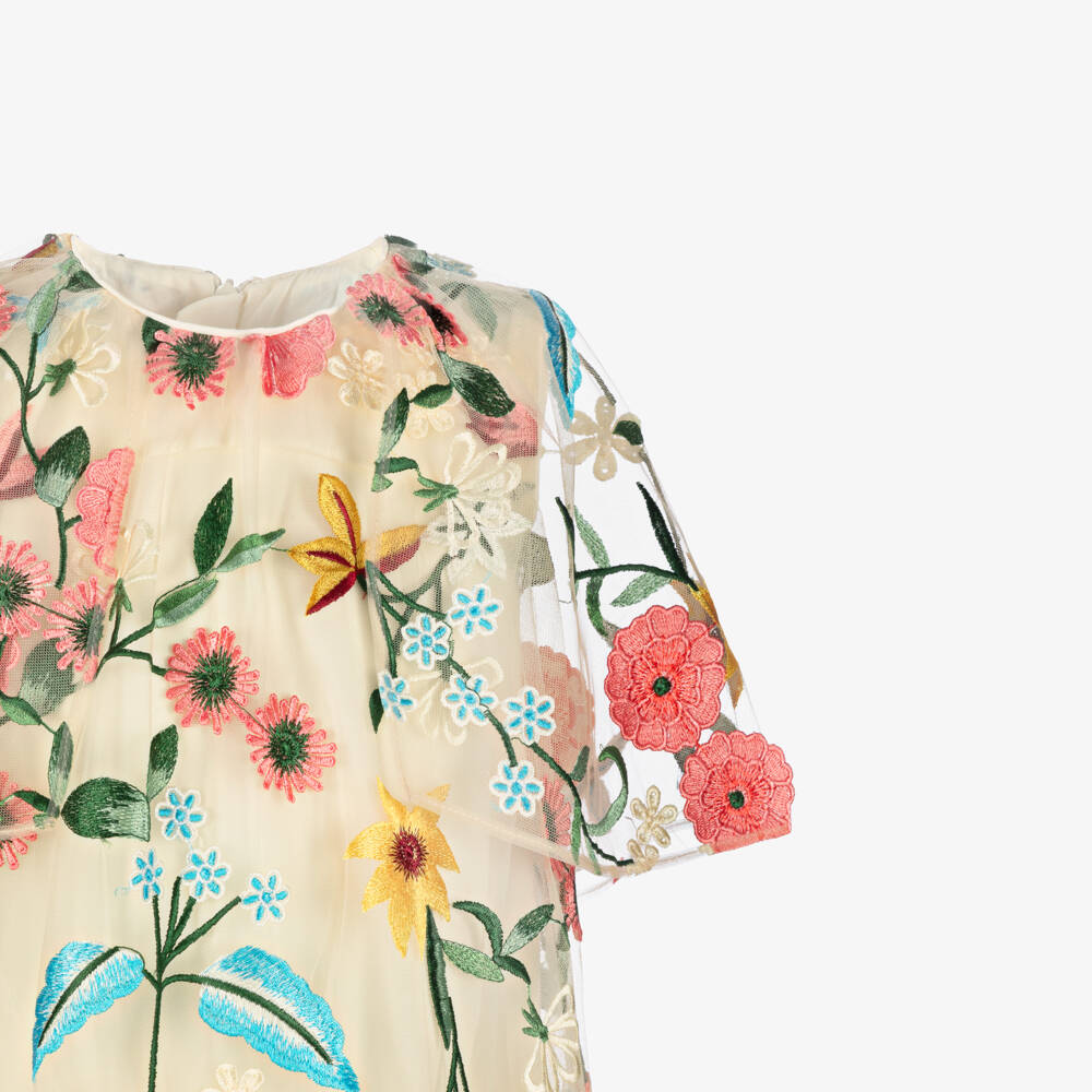 Coeur by Childrensalon-فستان تول مزين بورود لون بيج وزهري للبنات | Childrensalon