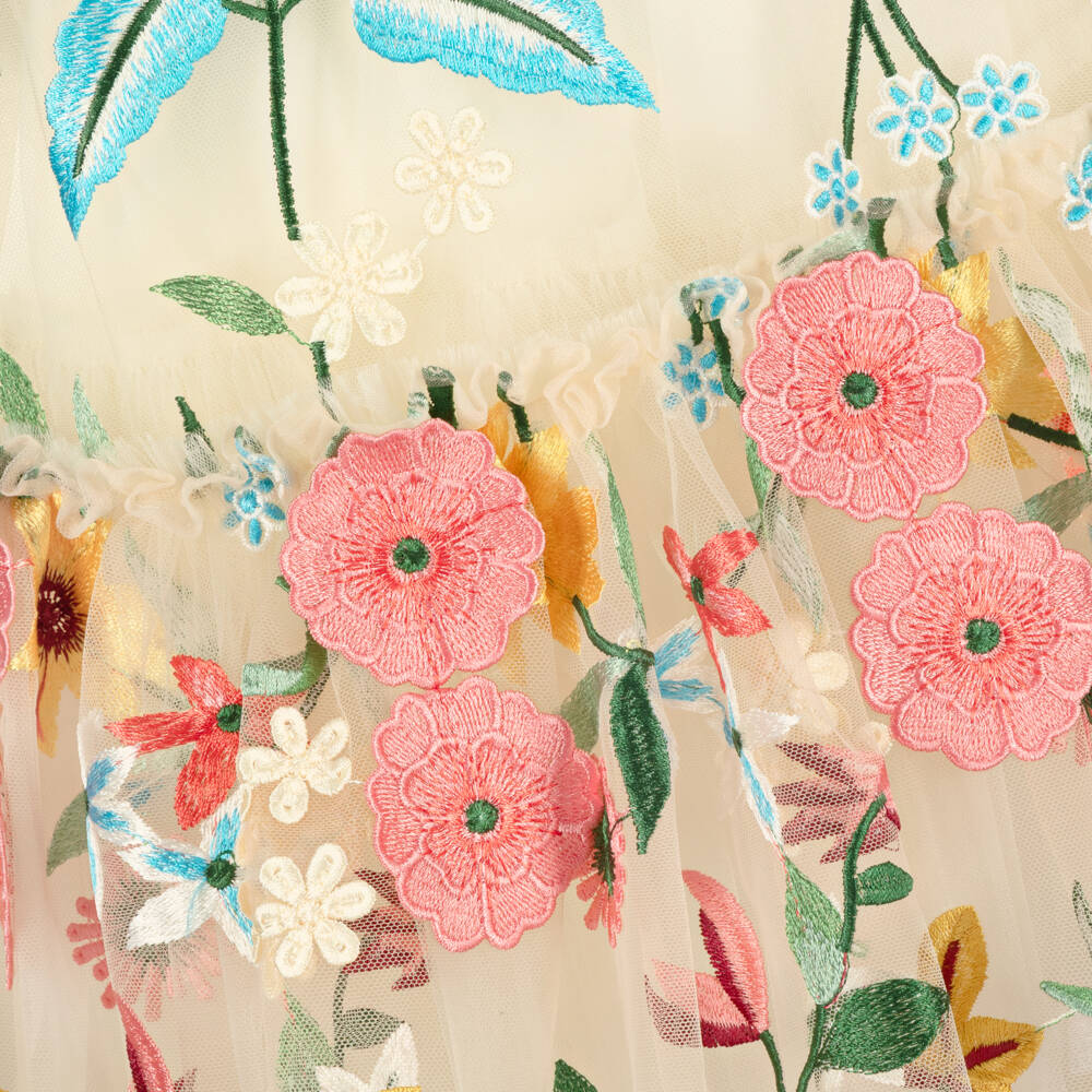 Coeur by Childrensalon-فستان تول مزين بورود لون بيج وزهري للبنات | Childrensalon