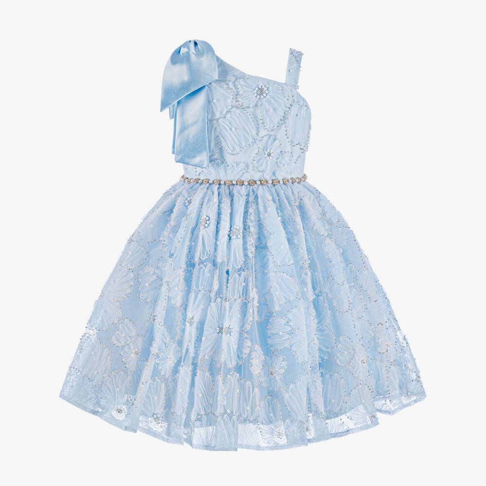Coeur by Childrensalon-Girls Blue Beaded Tulle Dress with Flowers | Childrensalon