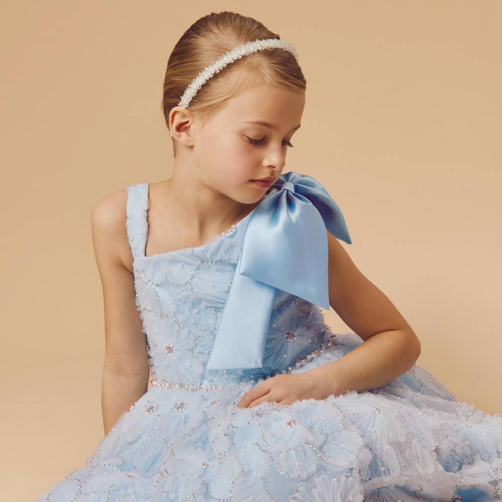Coeur by Childrensalon-Girls Blue Beaded Tulle Dress with Flowers | Childrensalon