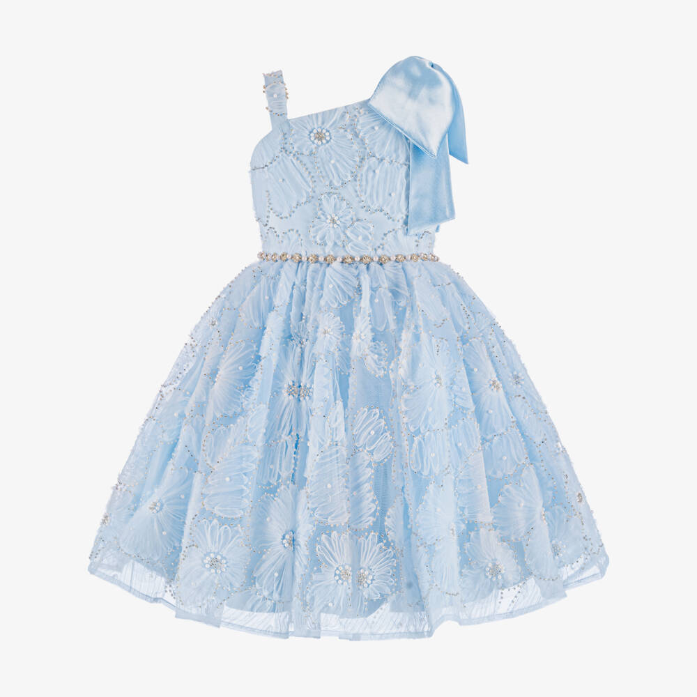 Coeur by Childrensalon-Girls Blue Beaded Tulle Dress with Flowers | Childrensalon