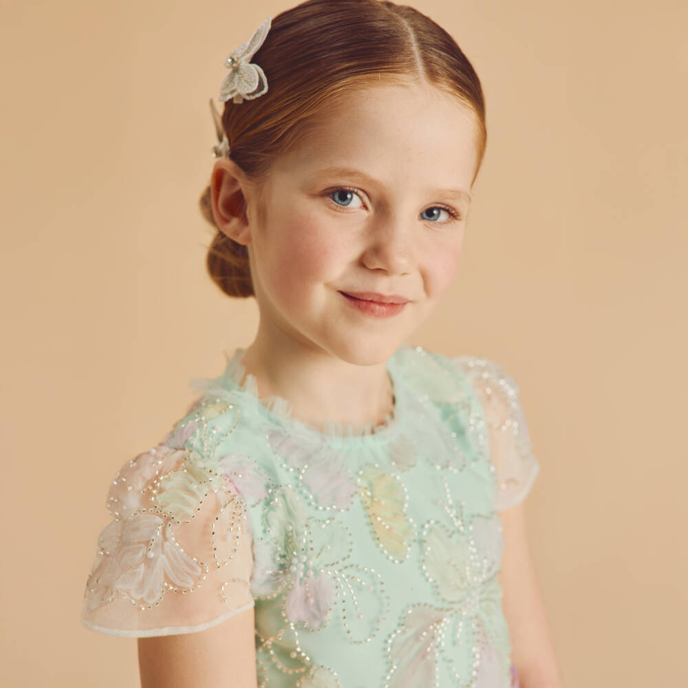 Coeur by Childrensalon-Girls Green Beaded Floral Tulle Dress | Childrensalon