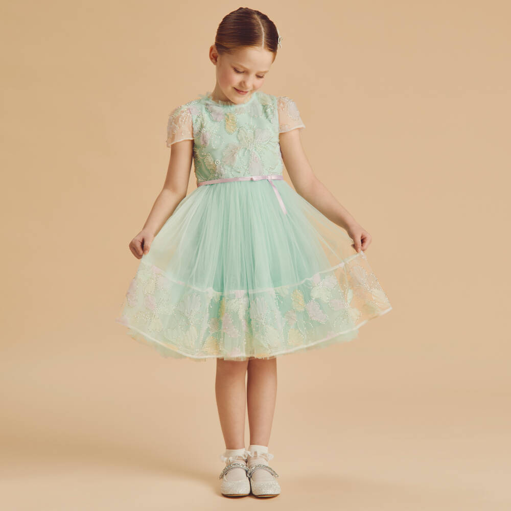 Coeur by Childrensalon-Girls Green Beaded Floral Tulle Dress | Childrensalon