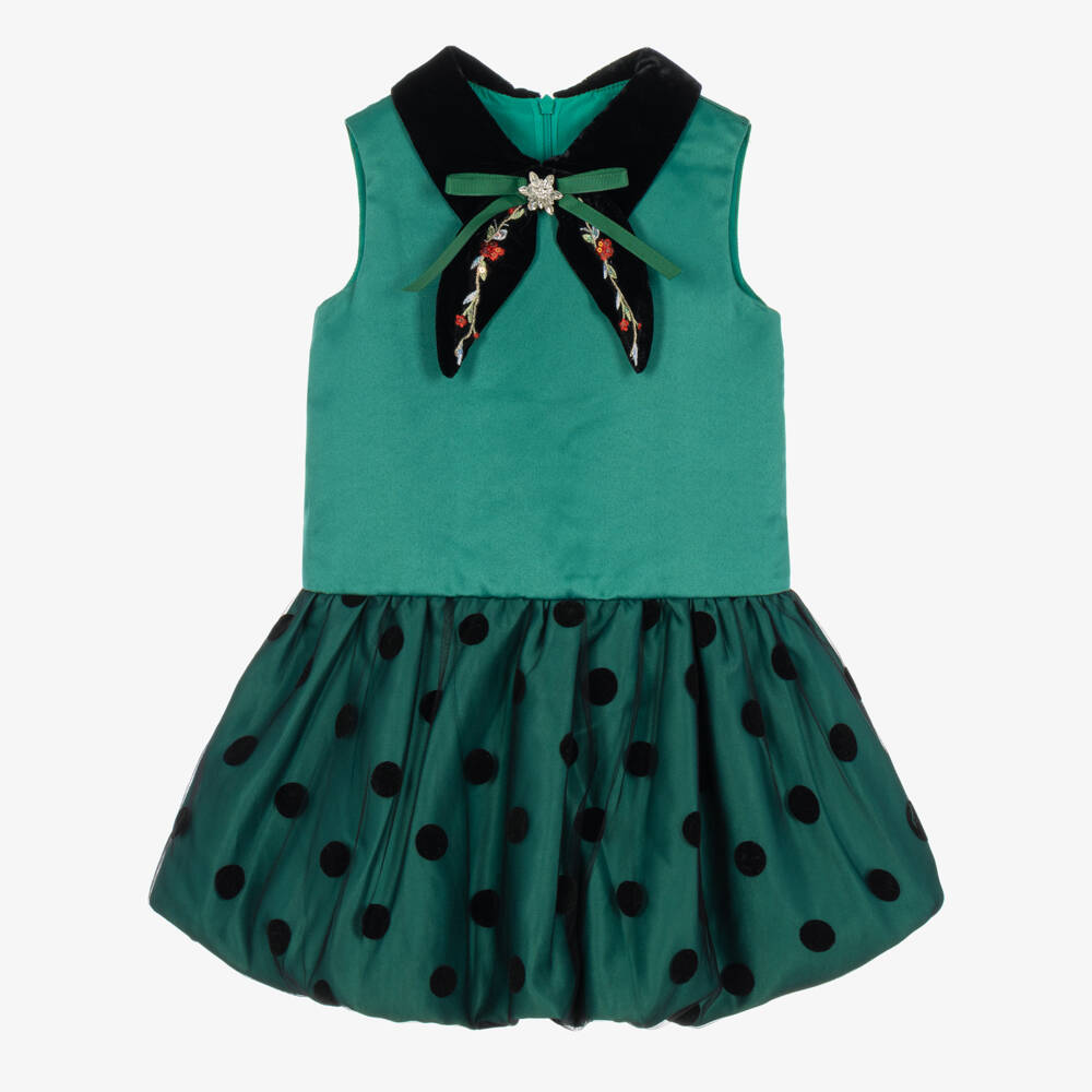 Coeur by Childrensalon-Girls Green Satin Dress with Polka Dot Bubble Hem | Childrensalon