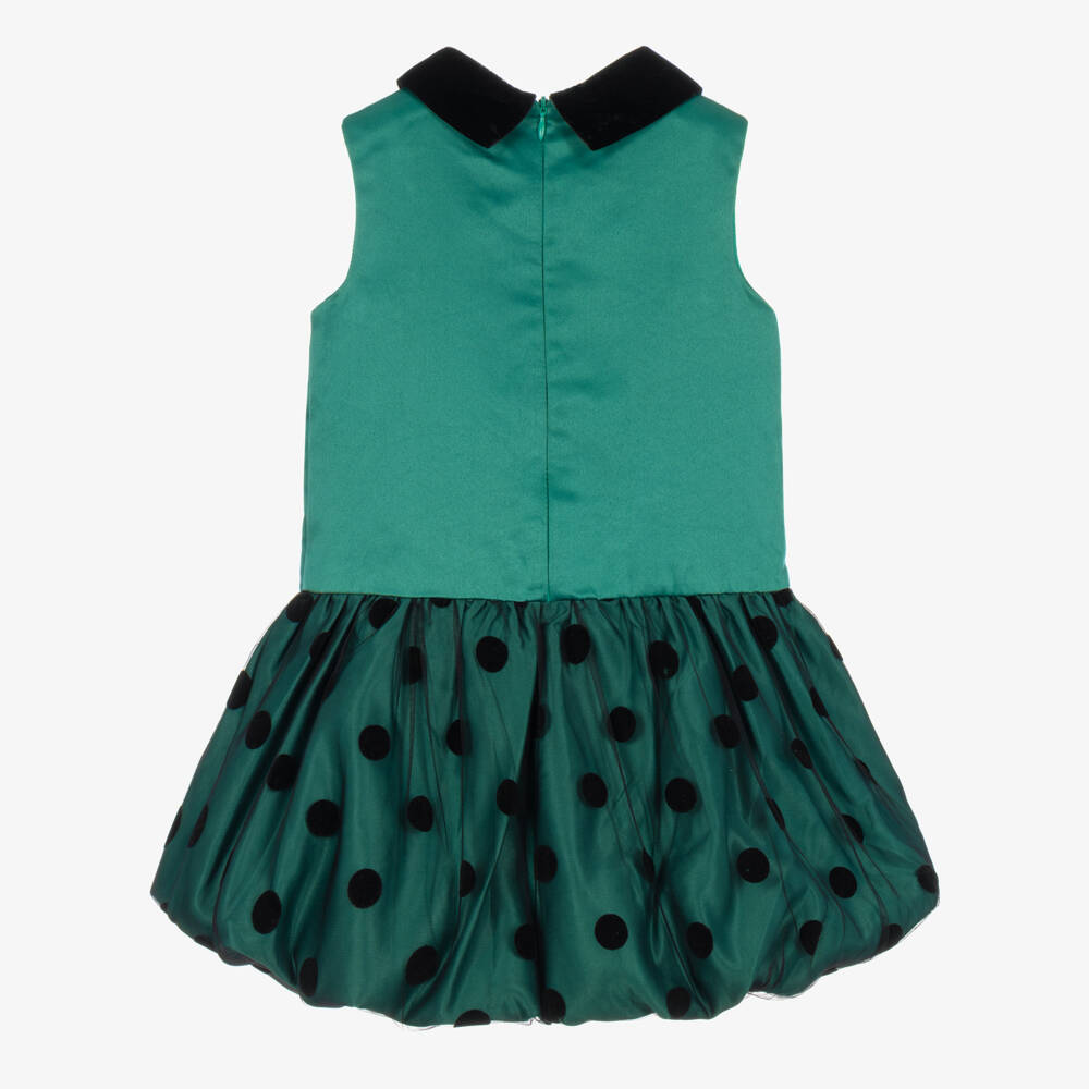 Coeur by Childrensalon-Girls Green Satin Dress with Polka Dot Bubble Hem | Childrensalon