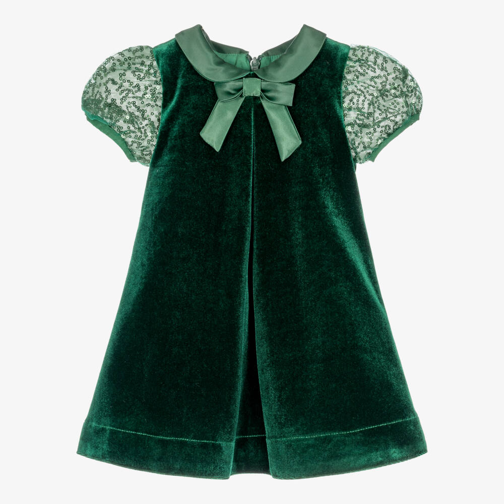 Coeur by Childrensalon-Girls Green Velvet Dress with Sequinned Puff Sleeves | Childrensalon